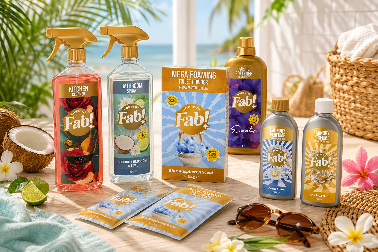 Schoonmaakproducten van House of Fab in keuken en badkamer met zomerse geuren