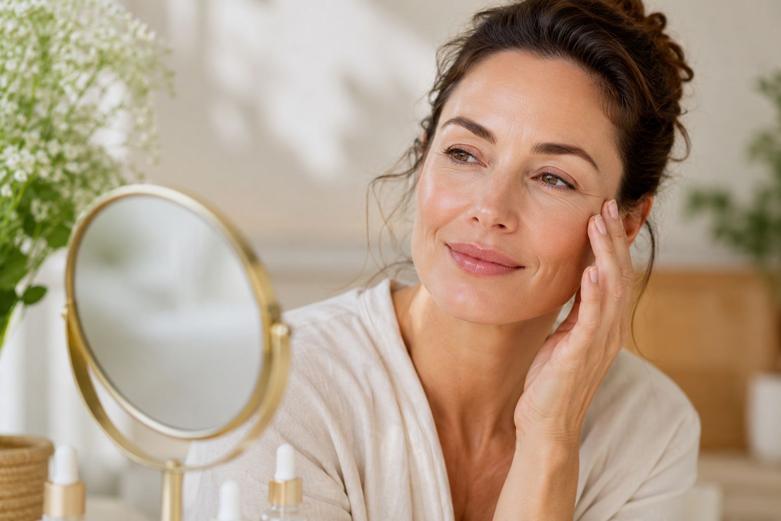 Vrouw verzorgt haar huid tijdens een selfcare moment tegen huidveroudering