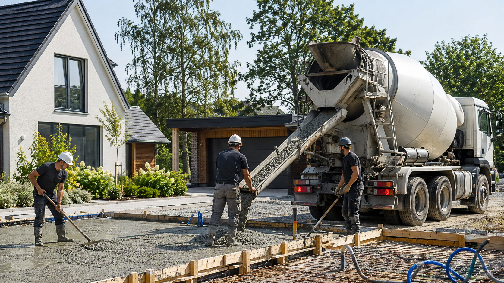 Betonwagen die beton stort bij een voorbereid bouwproject