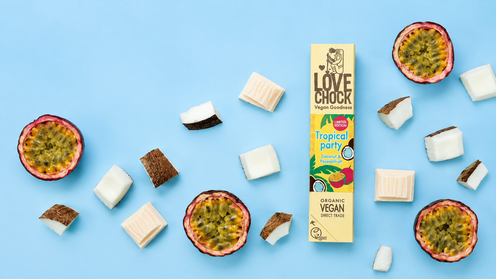 Lovechock Tropical Party vegan chocoladereep met kokos en passievrucht