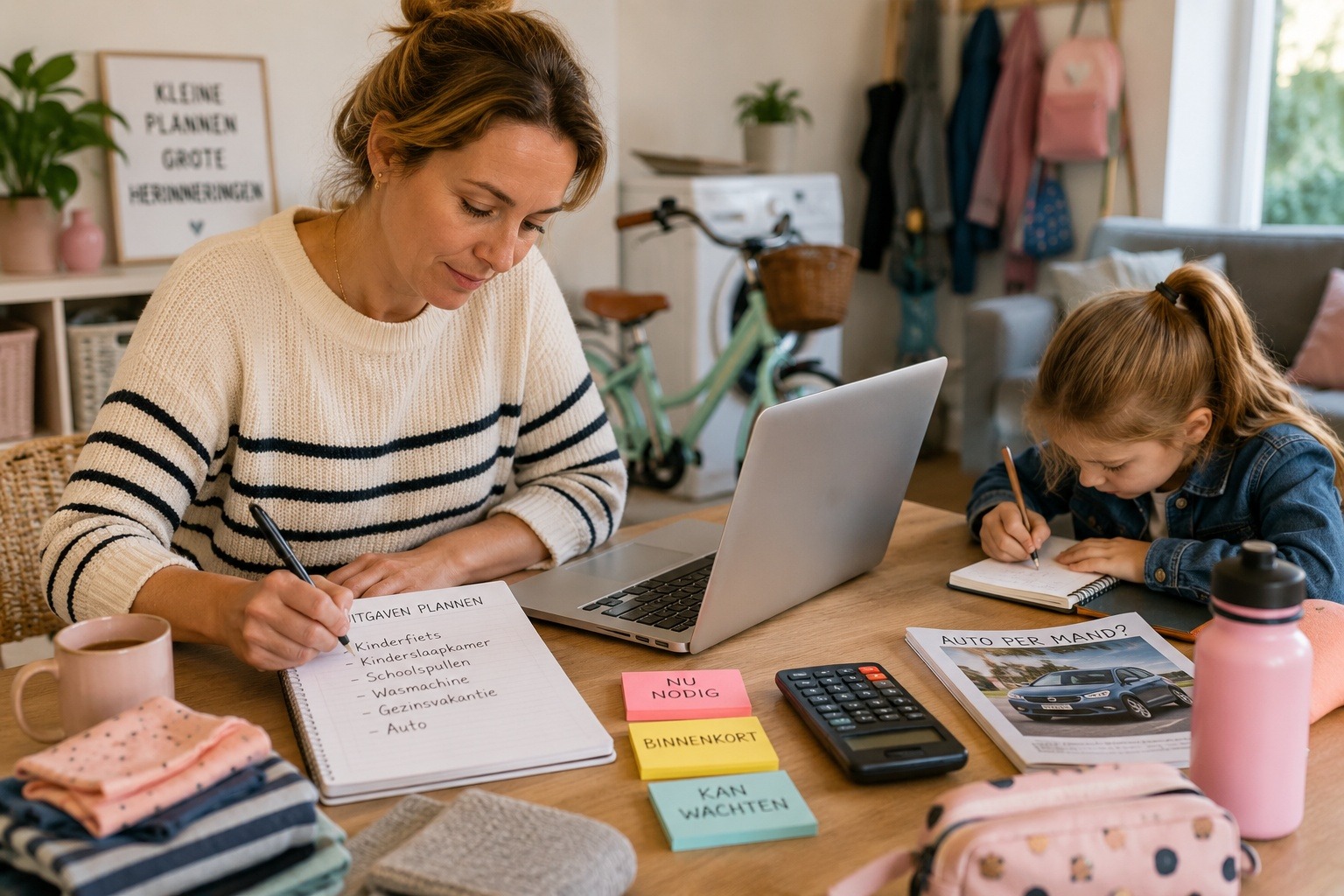 Gezin bespreekt grote uitgaven voor een kinderfiets, woning en gezinsauto
