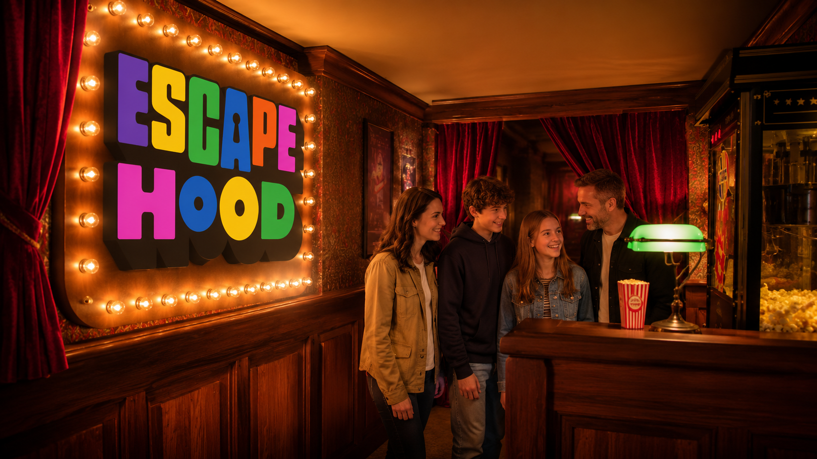 Gezin met tieners speelt Premiere at Cinehood bij Escapehood Amsterdam