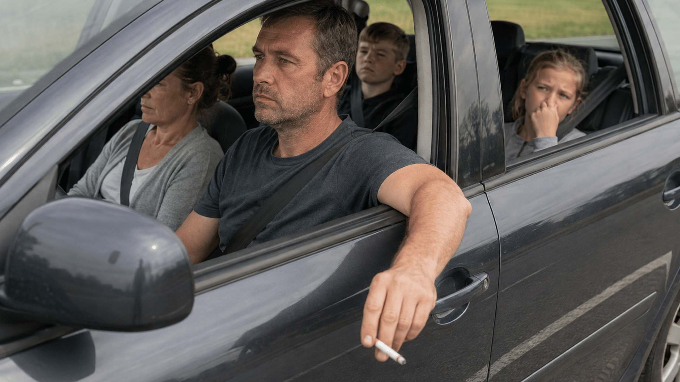 Roken in een auto terwijl kinderen meerijden tijdens een vakantie