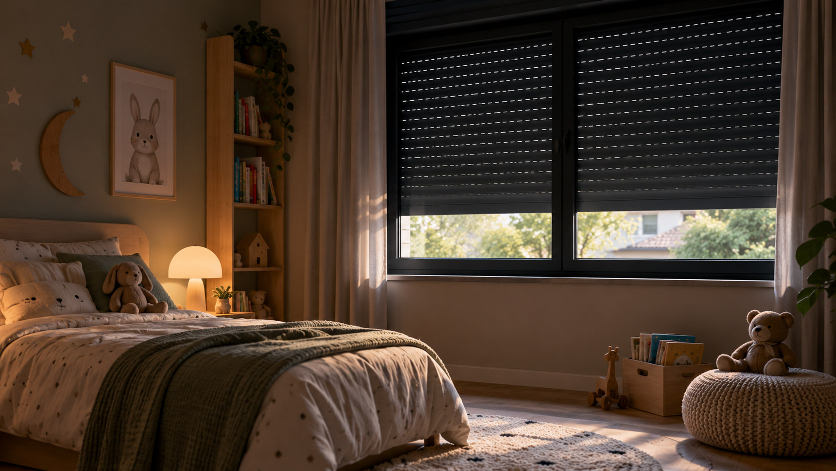 Kinderkamer met rolluiken voor verduistering en warmtewering