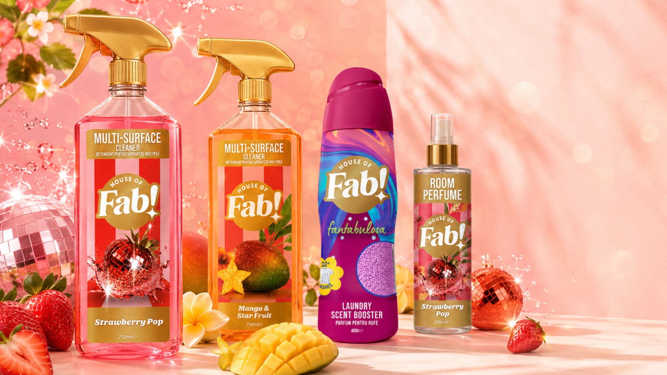 House of Fab schoonmaakproducten en geurproducten met Strawberry Pop, Mango & Star Fruit, laundry scent booster en room perfume in een fruitige blogbanner