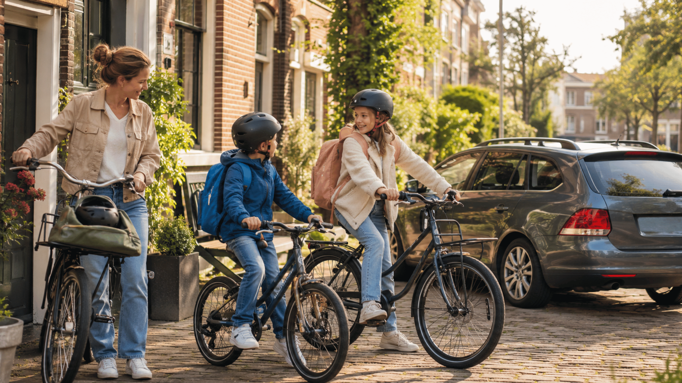 Moeder met twee kinderen en fietsen in een woonstraat naast een geparkeerde auto