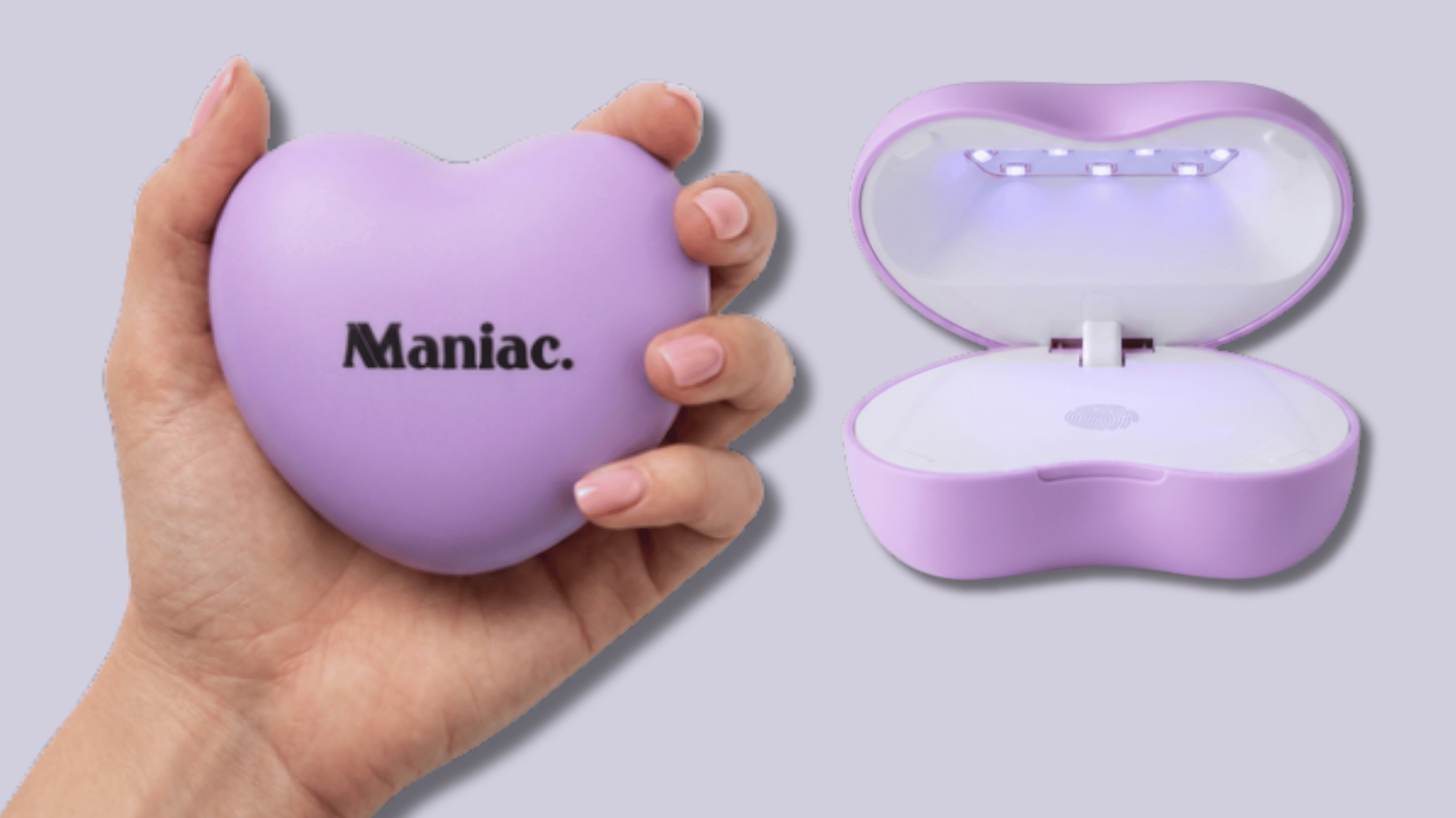 Lila hartvormige Maniac nagellamp, gesloten in een hand en opengeklapt met zichtbare LED-lampjes