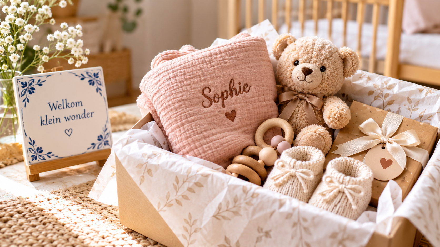 gepersonaliseerd kraamcadeau met naam en babyspullen
